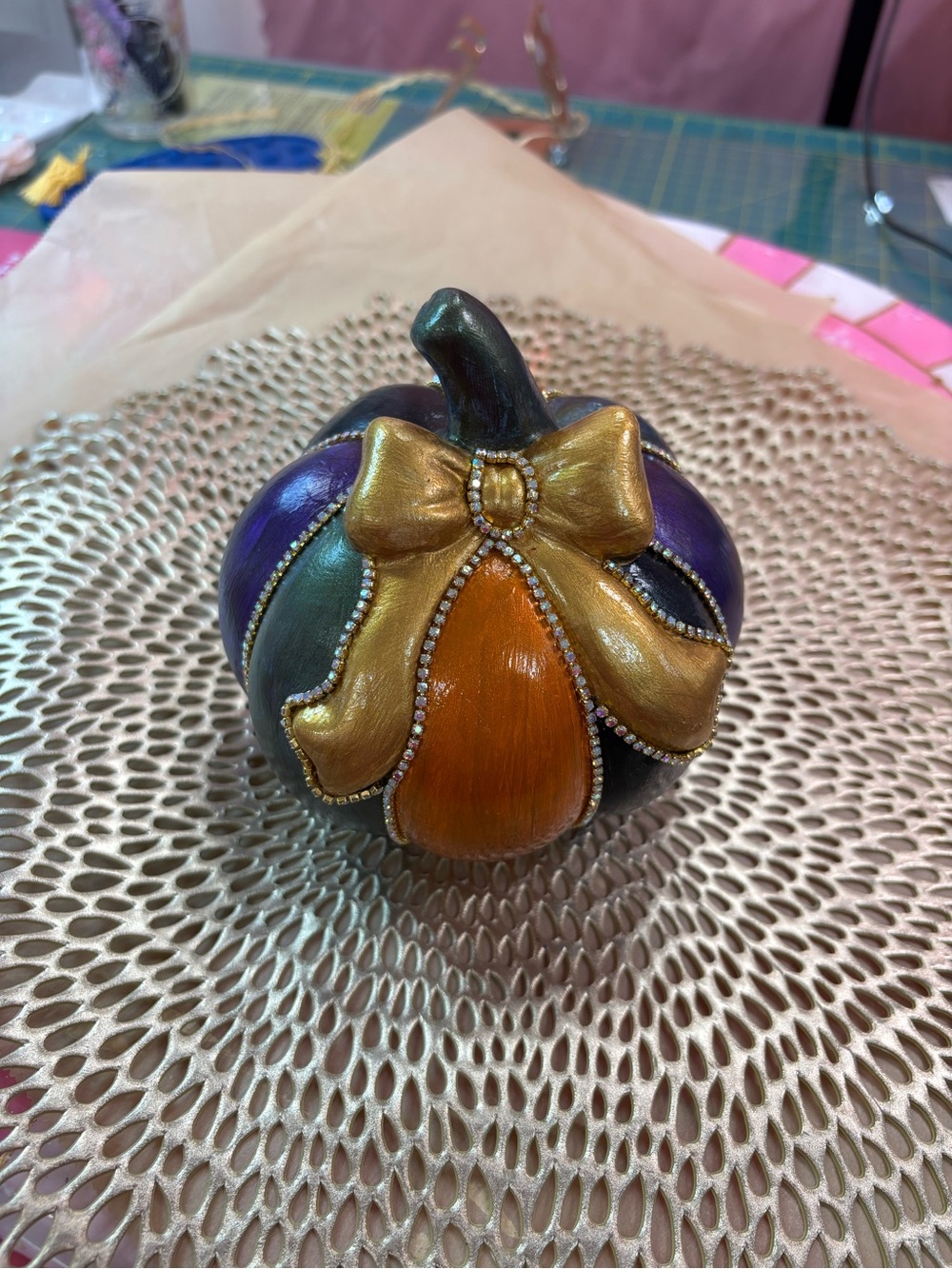 Hand-Painted Decorative Pumpkin Accent in Purple, Green, Orange & Gold